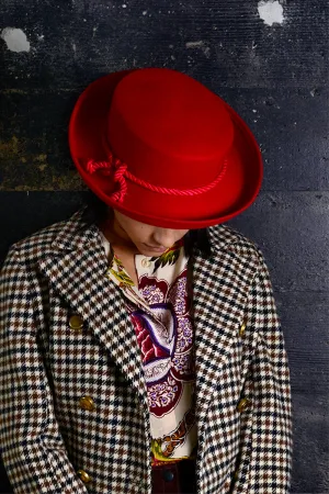 1960s Tina Too Red Wool Felt Hat Upturned Brim & Cord Bollman Hat Co