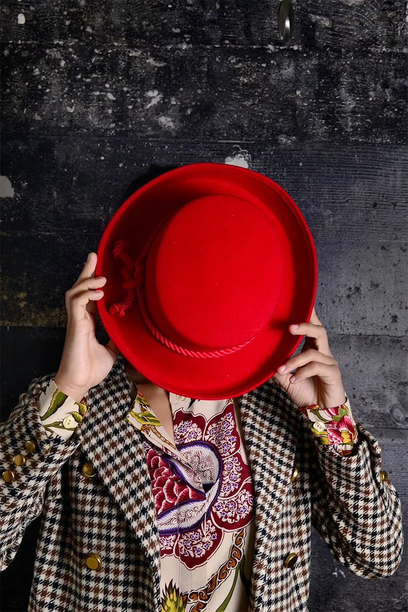 1960s Tina Too Red Wool Felt Hat Upturned Brim & Cord Bollman Hat Co