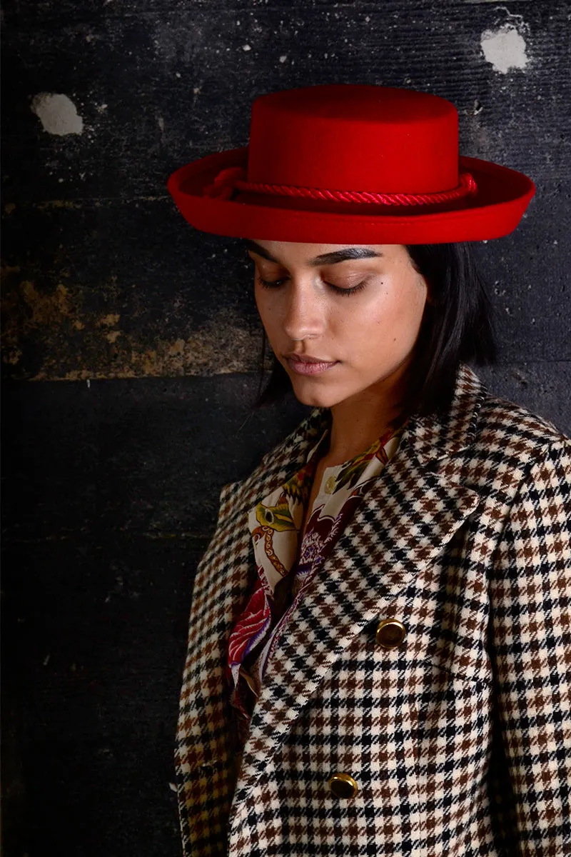 1960s Tina Too Red Wool Felt Hat Upturned Brim & Cord Bollman Hat Co