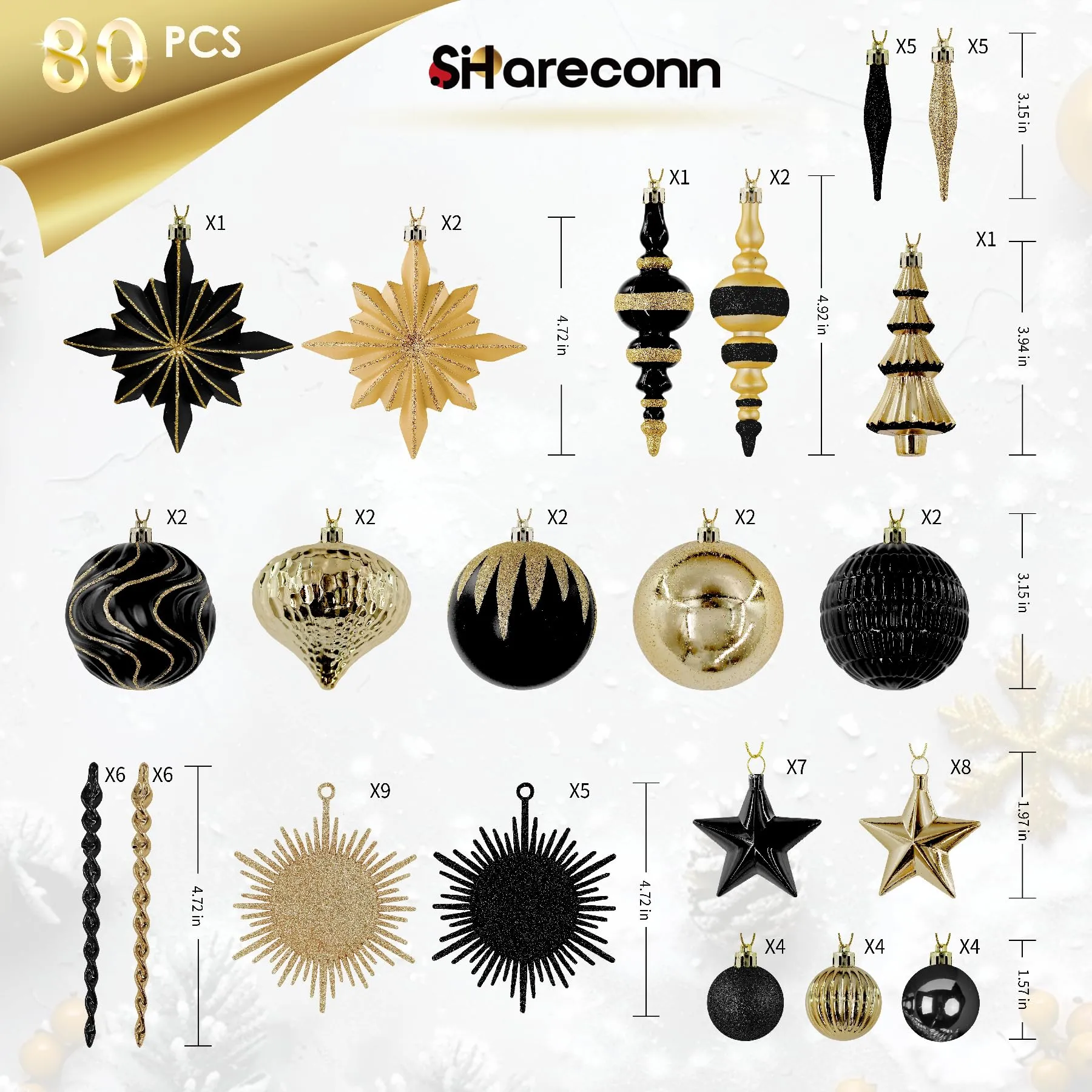 80 Ct Black and Gold Christmas Ball Ornament Set