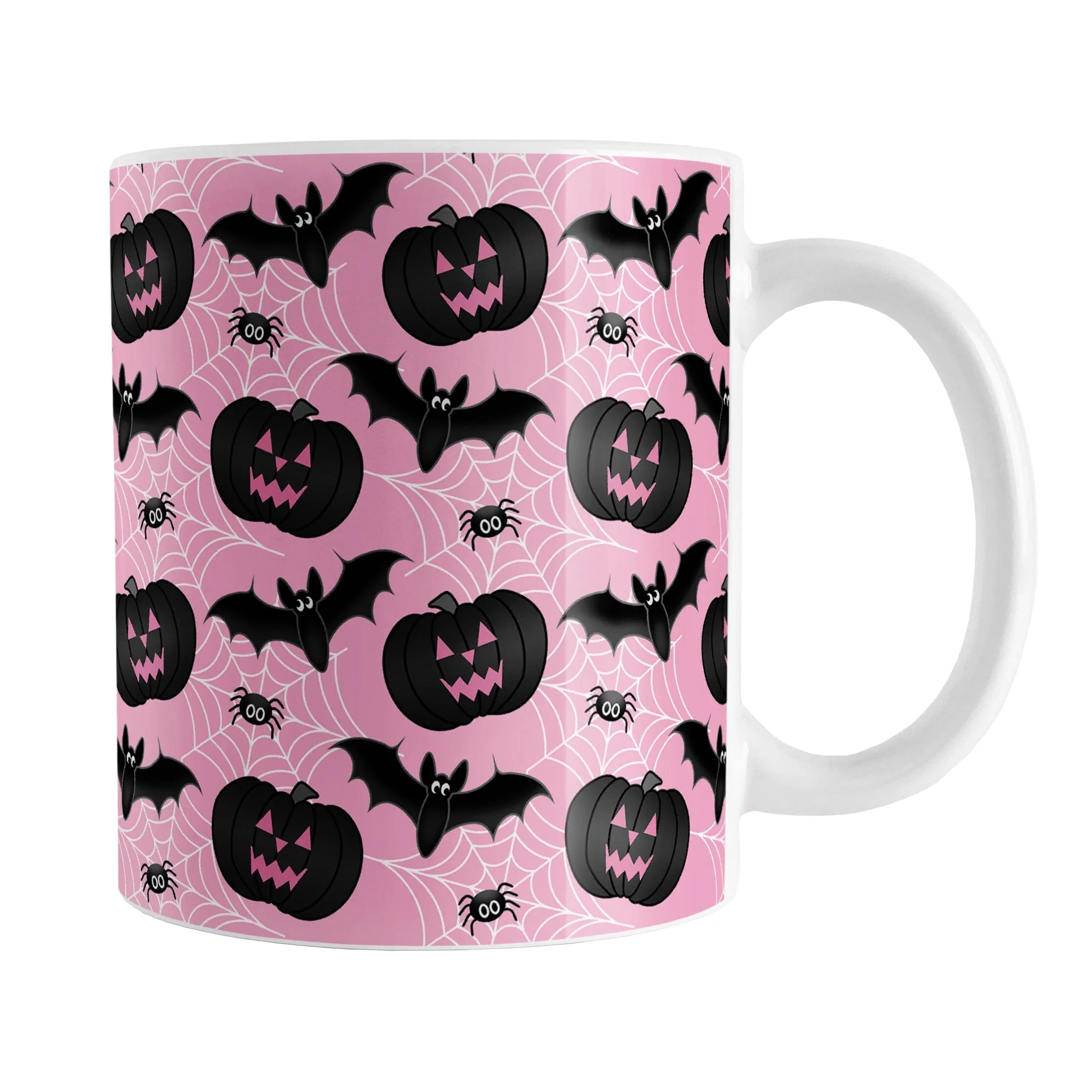 Black Pumpkins Bats and Spiders Pink Halloween Mug