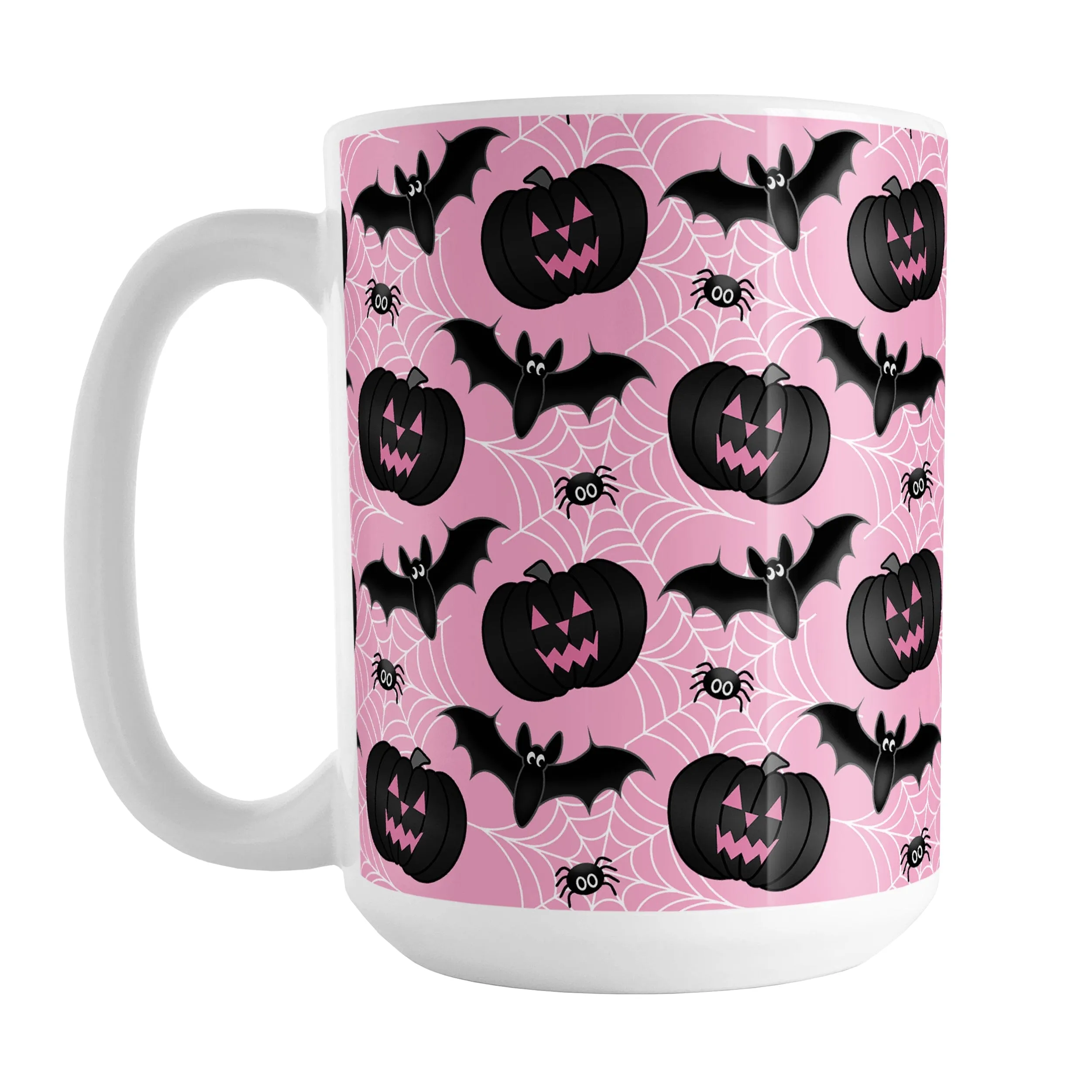 Black Pumpkins Bats and Spiders Pink Halloween Mug