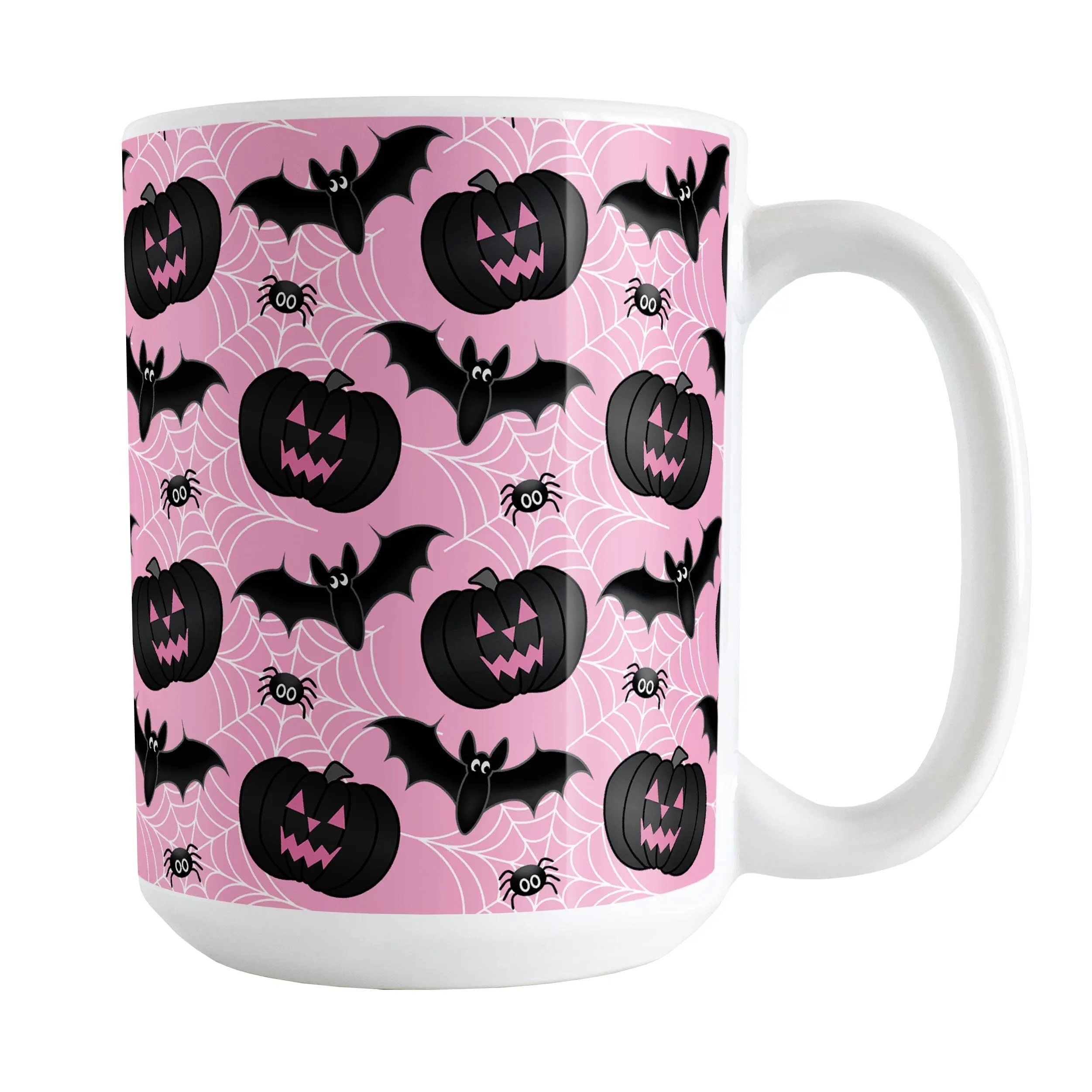 Black Pumpkins Bats and Spiders Pink Halloween Mug