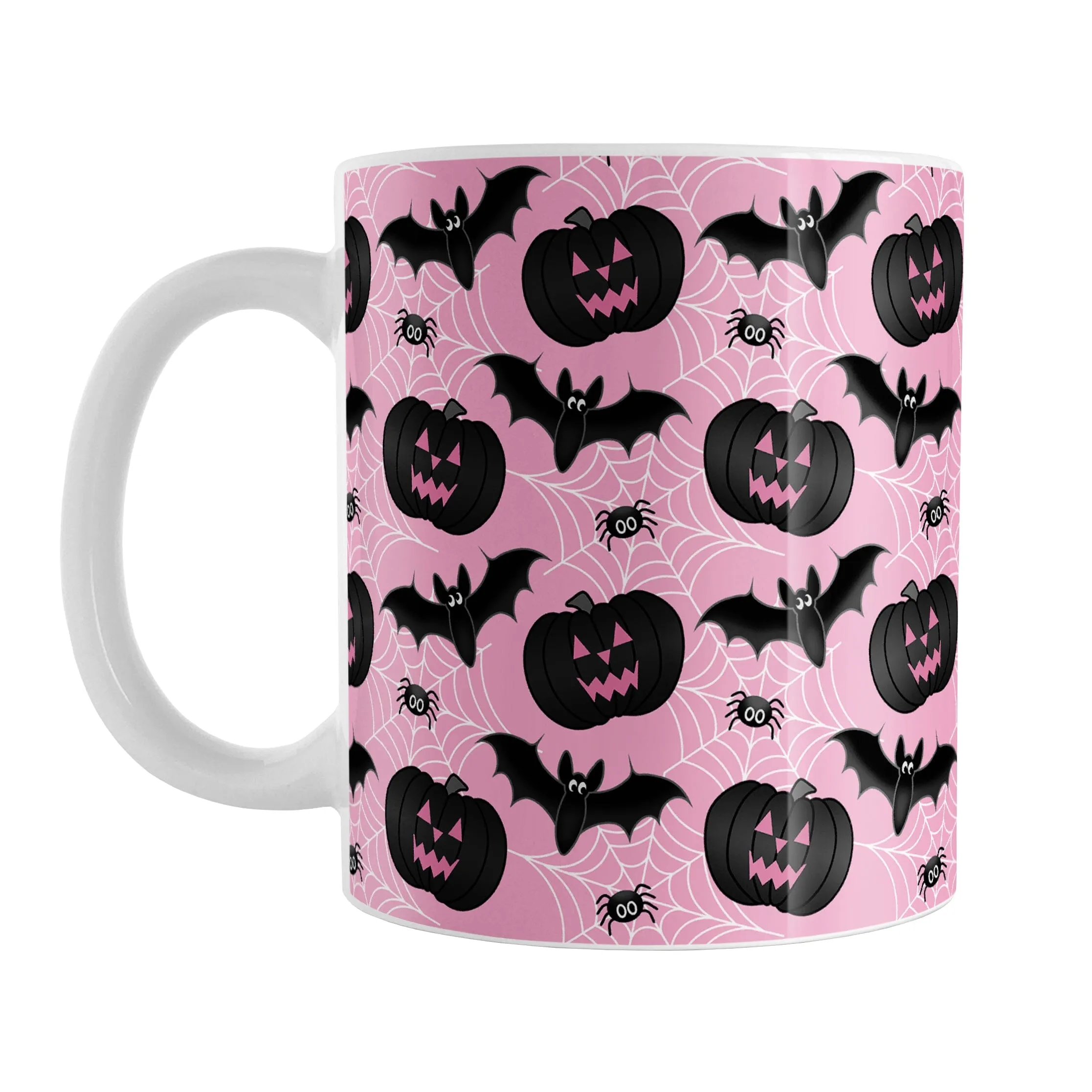 Black Pumpkins Bats and Spiders Pink Halloween Mug