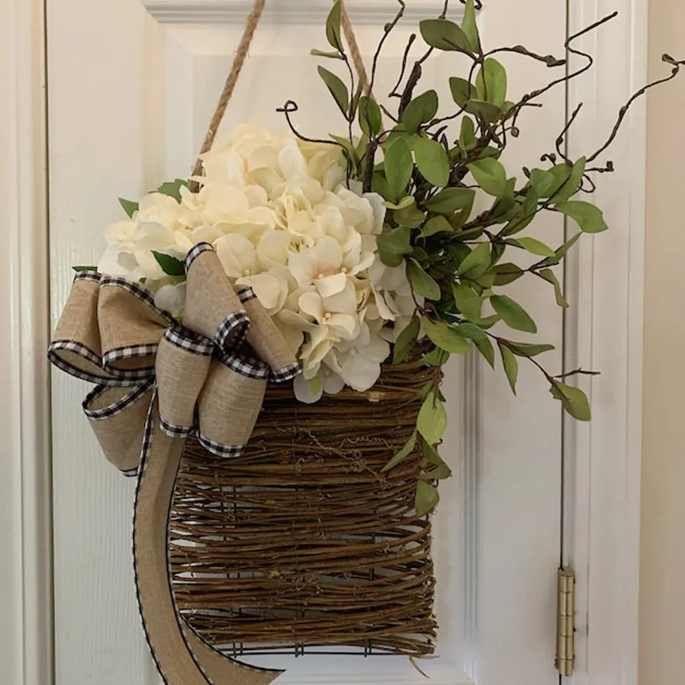 Bulk Cream Hydrangea Door Hanger Basket Wreath Artificial Flowers for Front Door Wall Hanging Porch Farmhouse Decor Wholesale