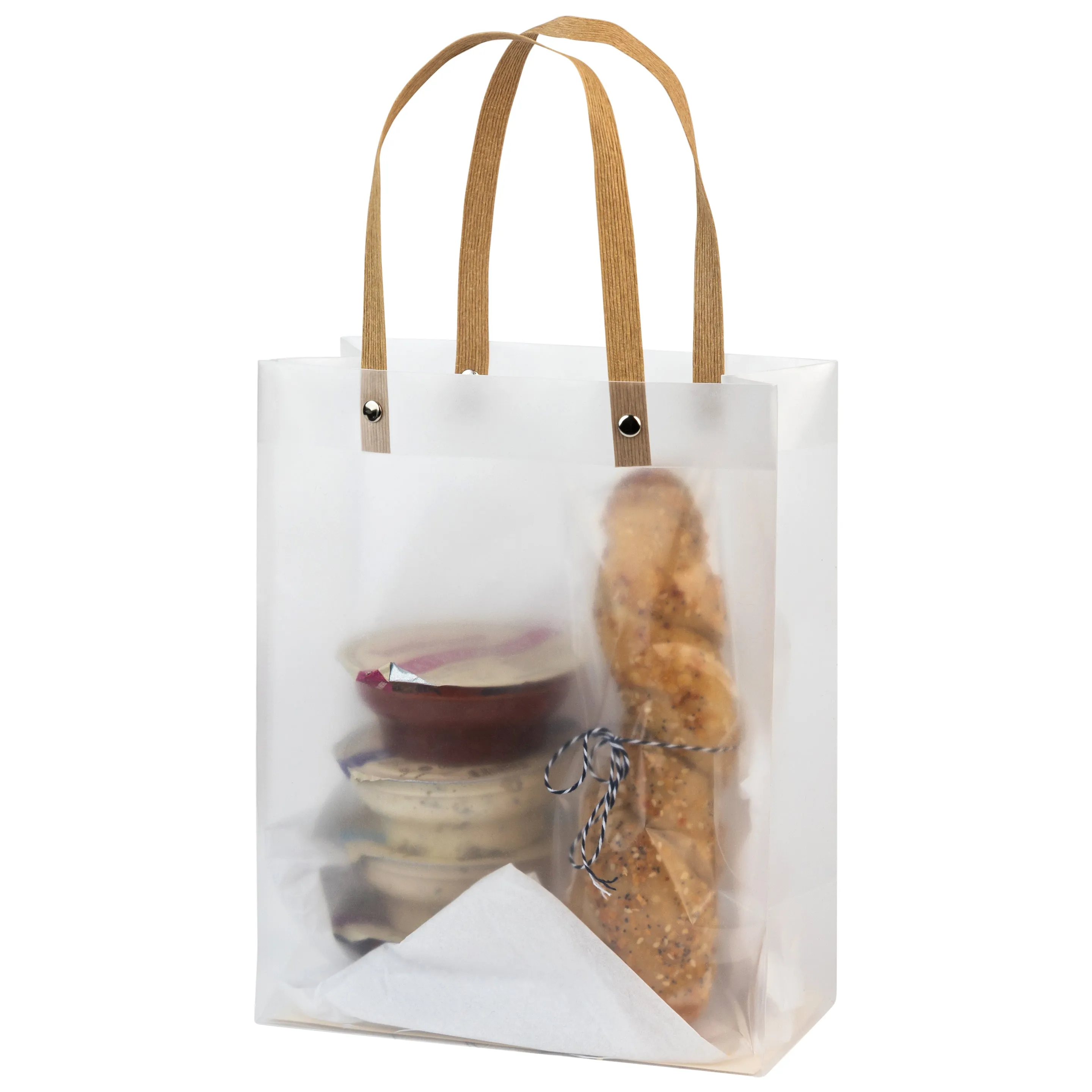 Clear Plastic Bag With Brown Straw Handle 9.75x7.75x4 Inches 20 Pack