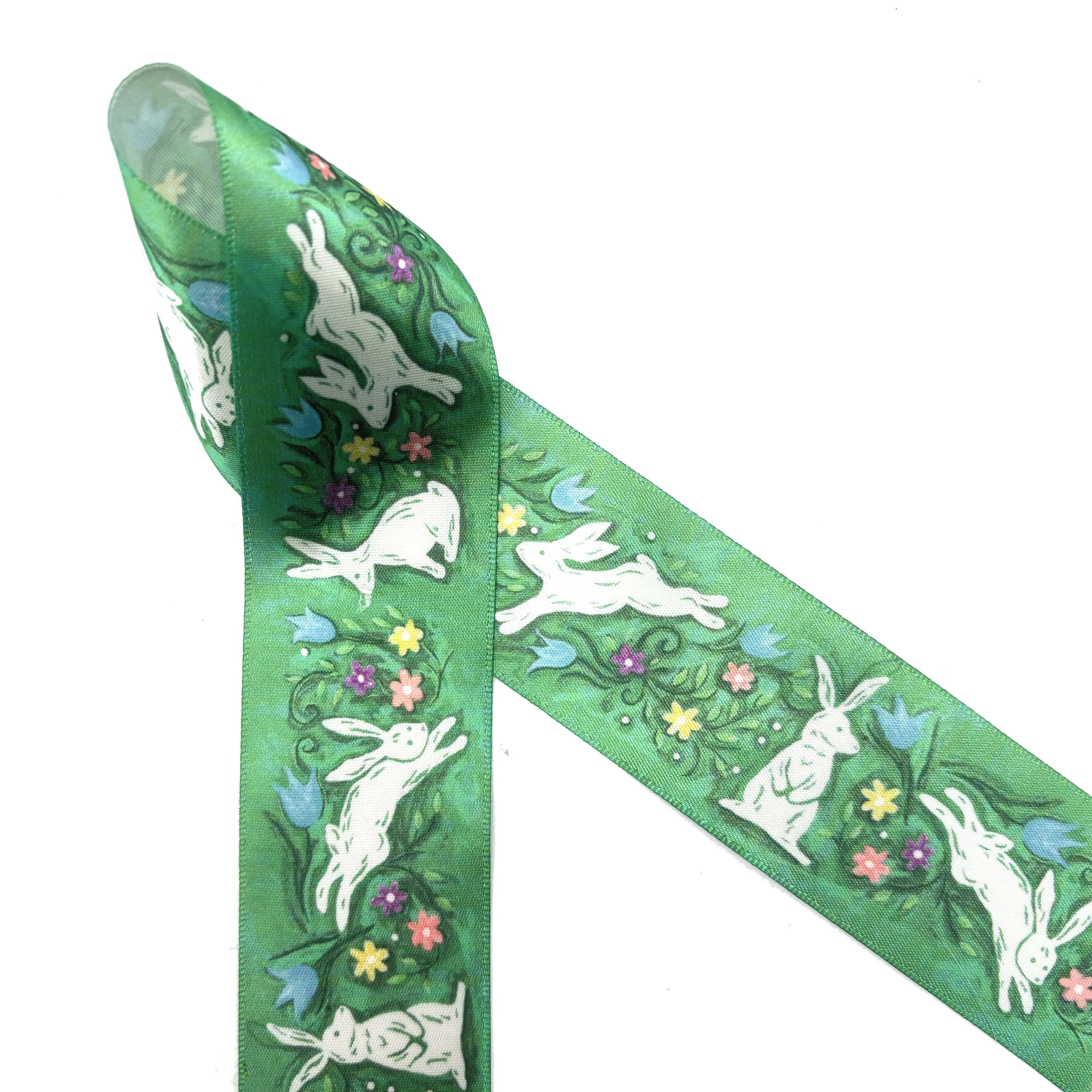 Easter bunny ribbon white watercolor bunnies in a Spring flower garden on a green background printed on 7/8" and 1.5" white satin