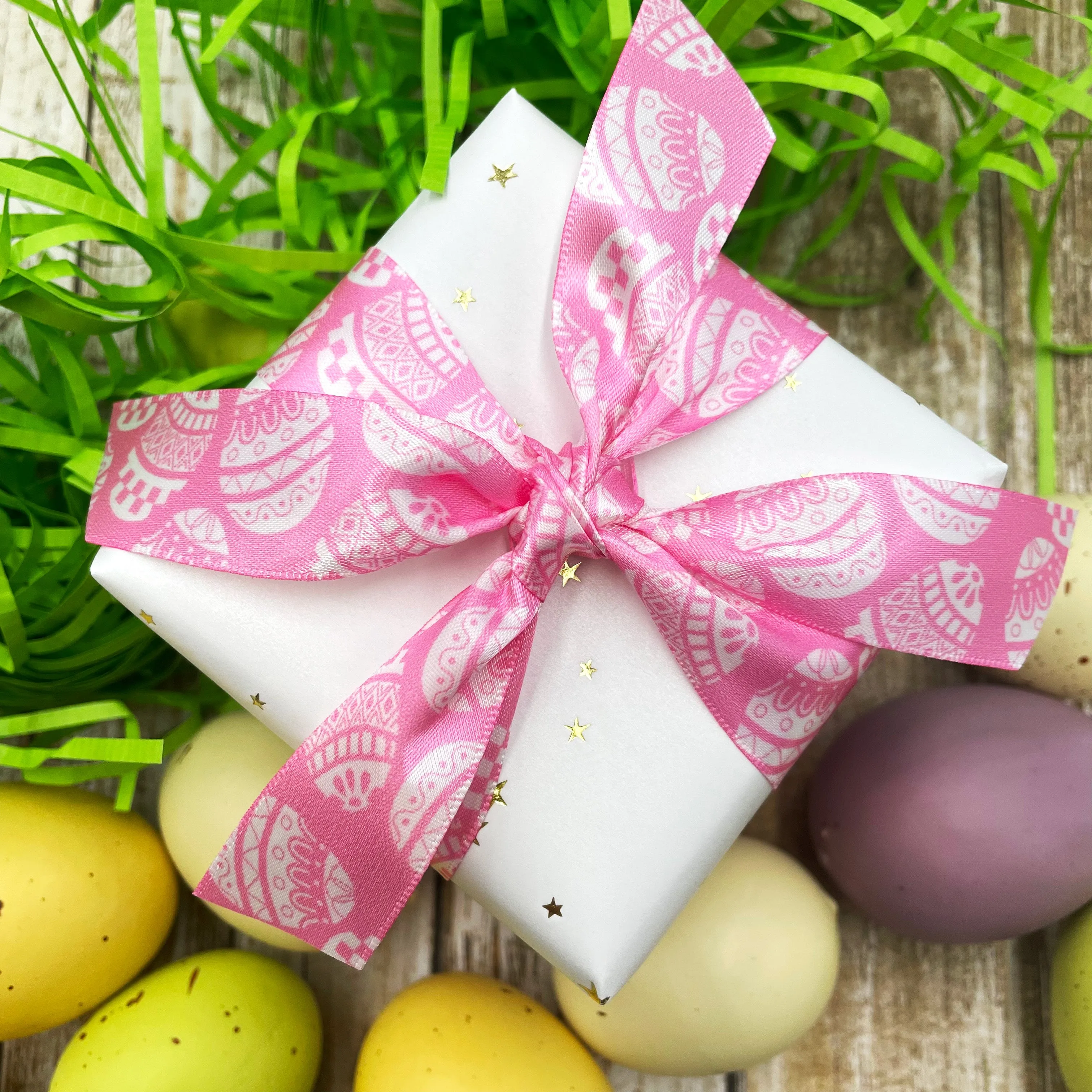 Easter Egg Ribbon stencil print in white with a lavender, pink or teal background printed on7/8" white satin