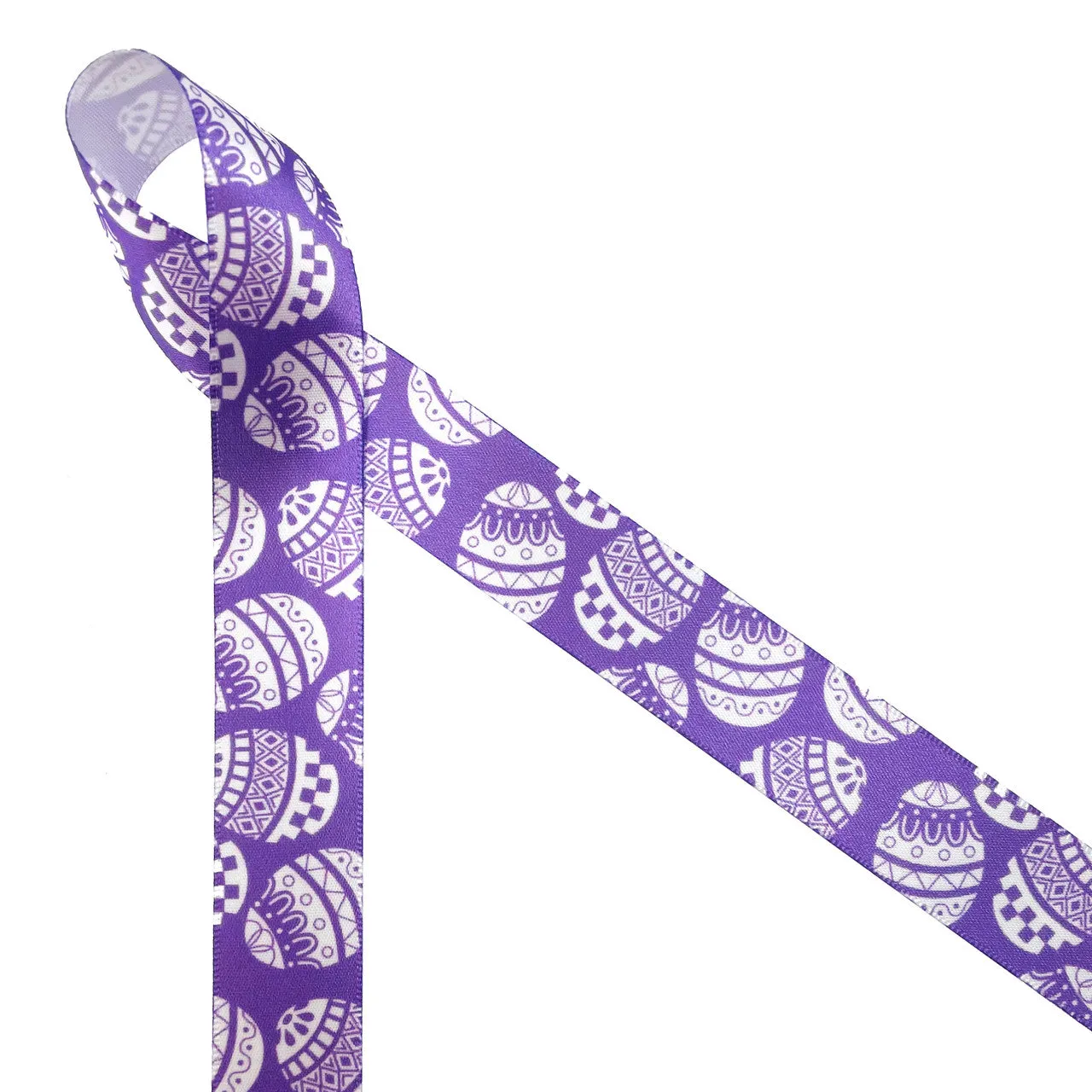 Easter Egg Ribbon stencil print in white with a lavender, pink or teal background printed on7/8" white satin