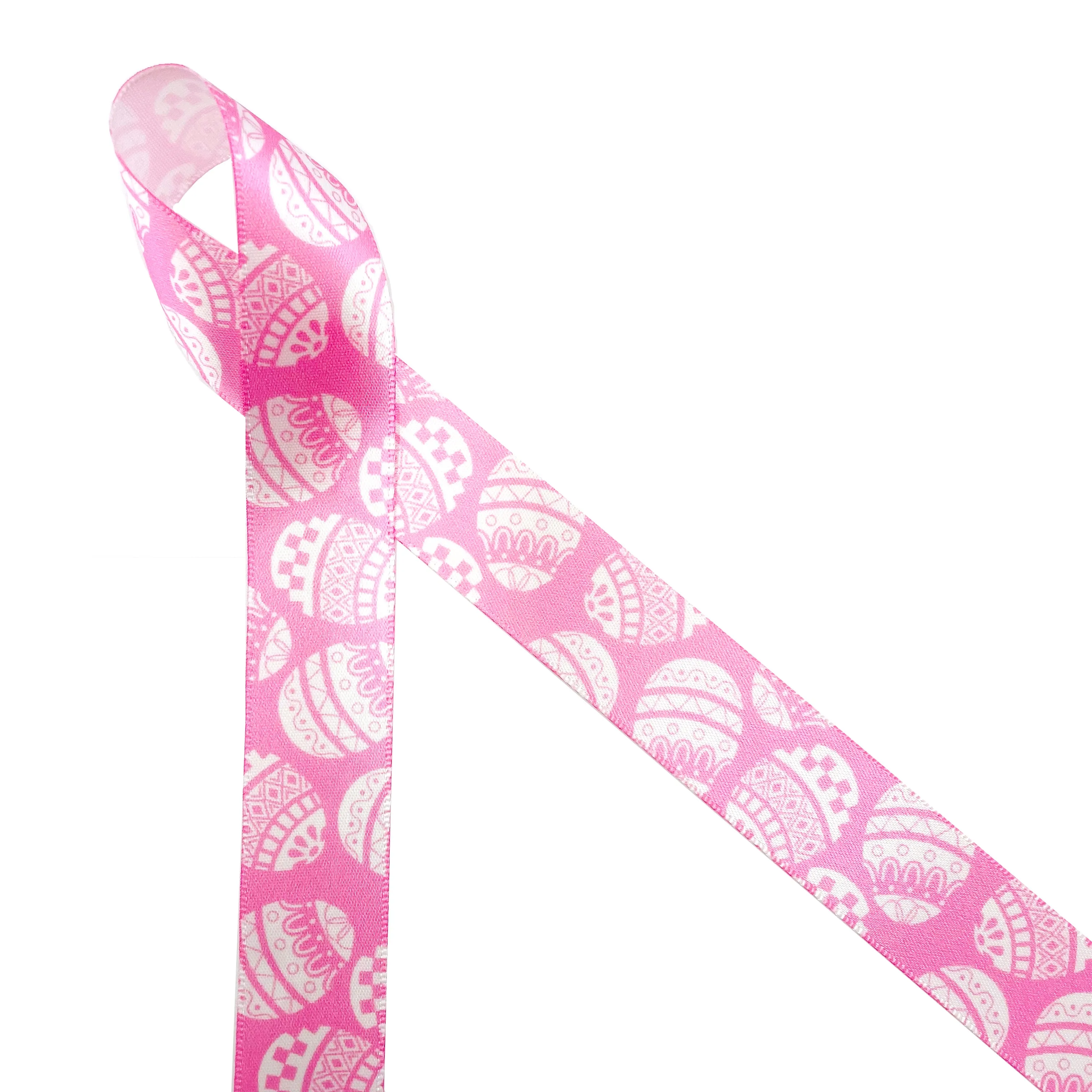 Easter Egg Ribbon stencil print in white with a lavender, pink or teal background printed on7/8" white satin