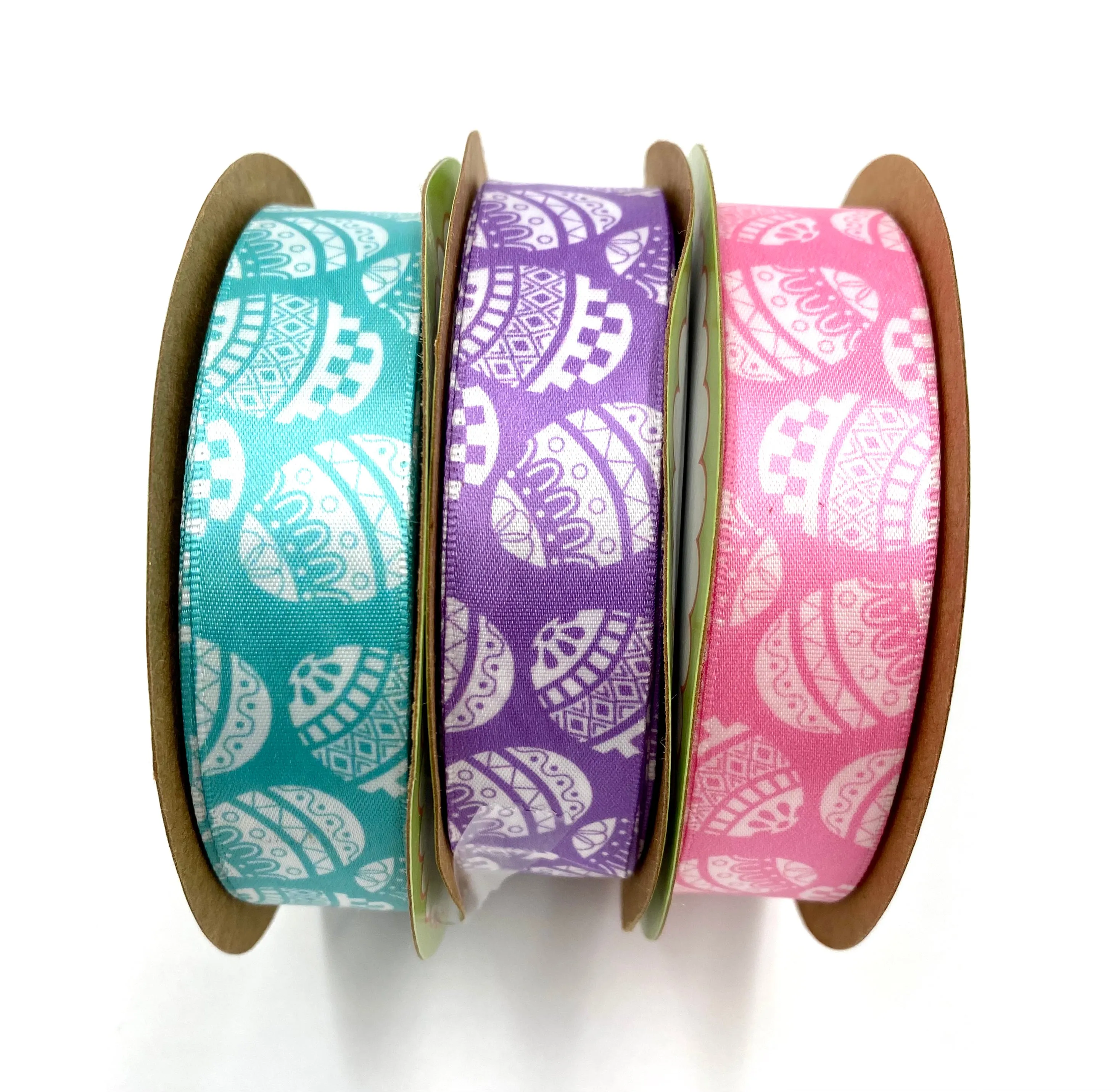 Easter Egg Ribbon stencil print in white with a lavender, pink or teal background printed on7/8" white satin