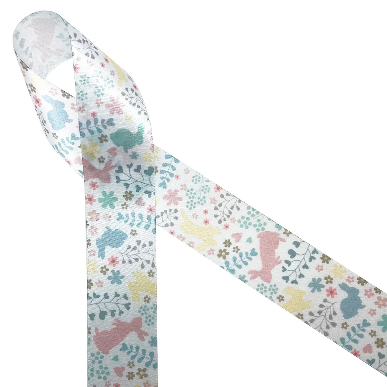 Easter ribbon pastel bunnies hopping in the flora in Spring shades of yellow, pink and blue printed on 7/8" and 1.5"  white satin