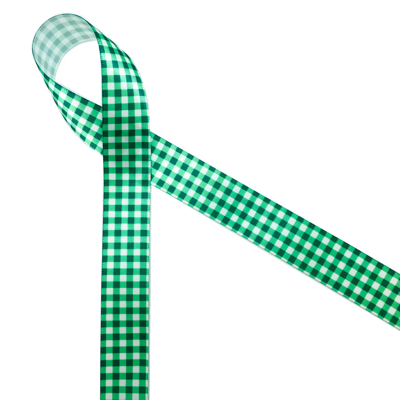 Green Gingham check ribbon St. Patrick's Day printed on 7/8" satin