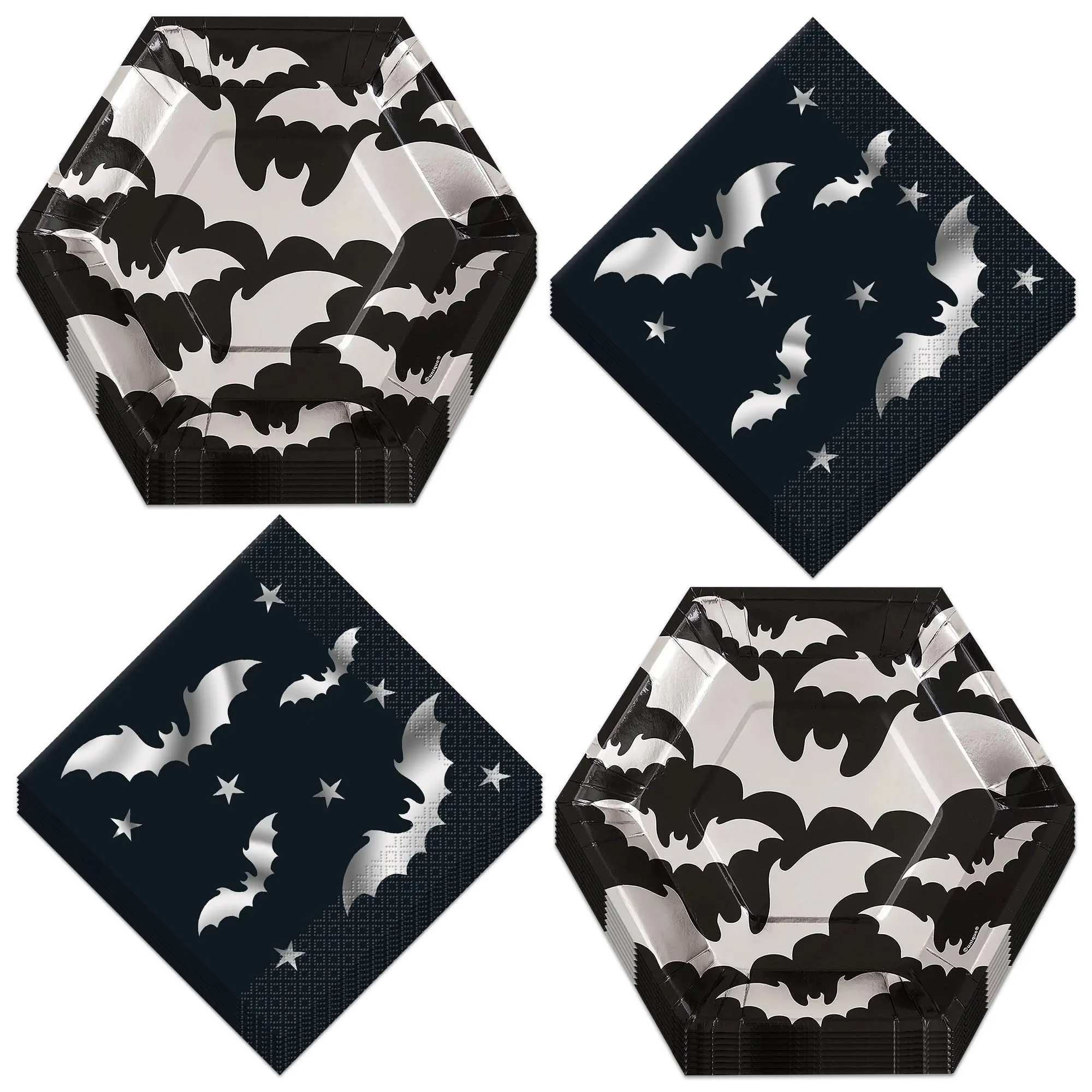 Halloween Silver Bats Hexagon Shaped Paper Dessert Plates and Lunch Napkins (Serves 16)