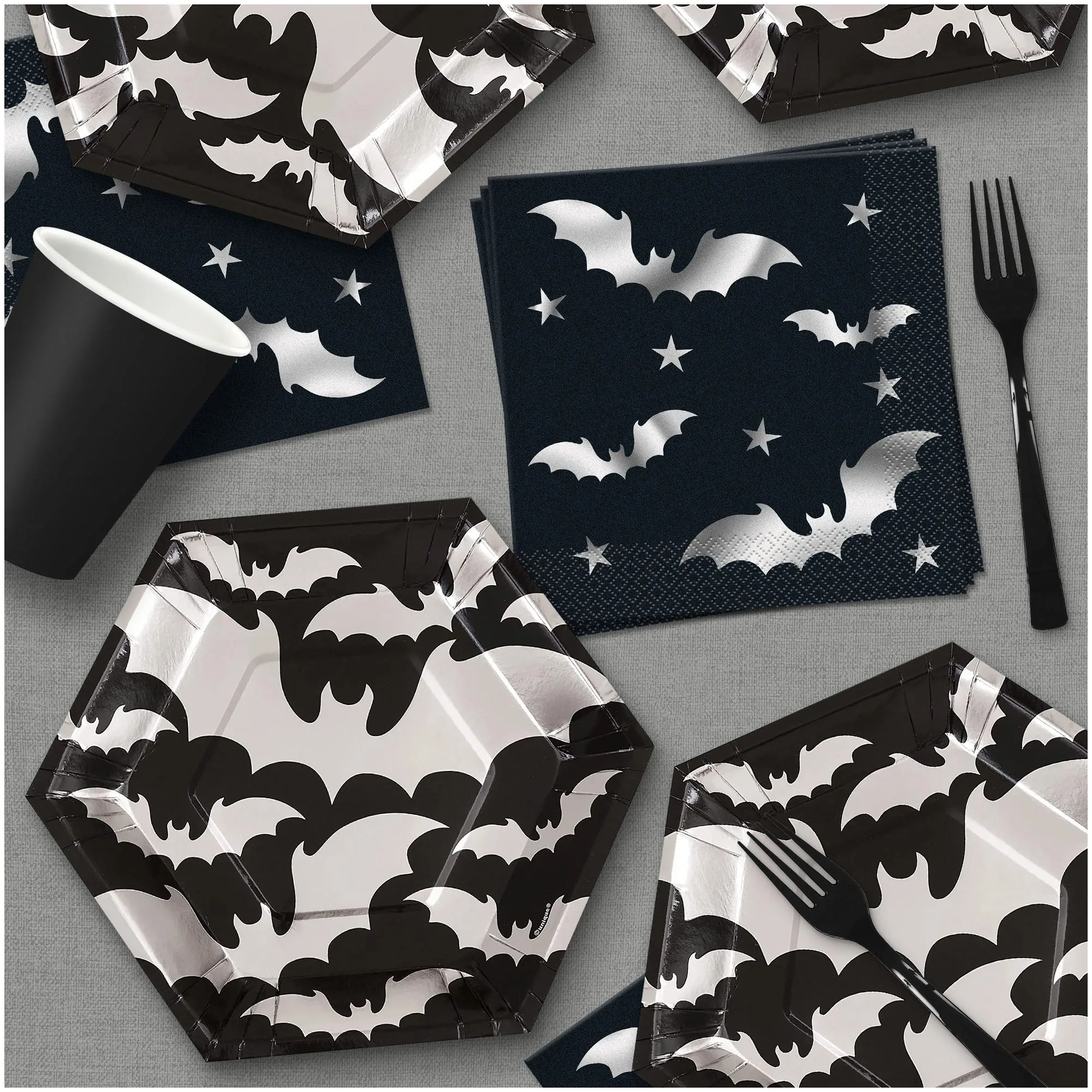 Halloween Silver Bats Hexagon Shaped Paper Dessert Plates and Lunch Napkins (Serves 16)