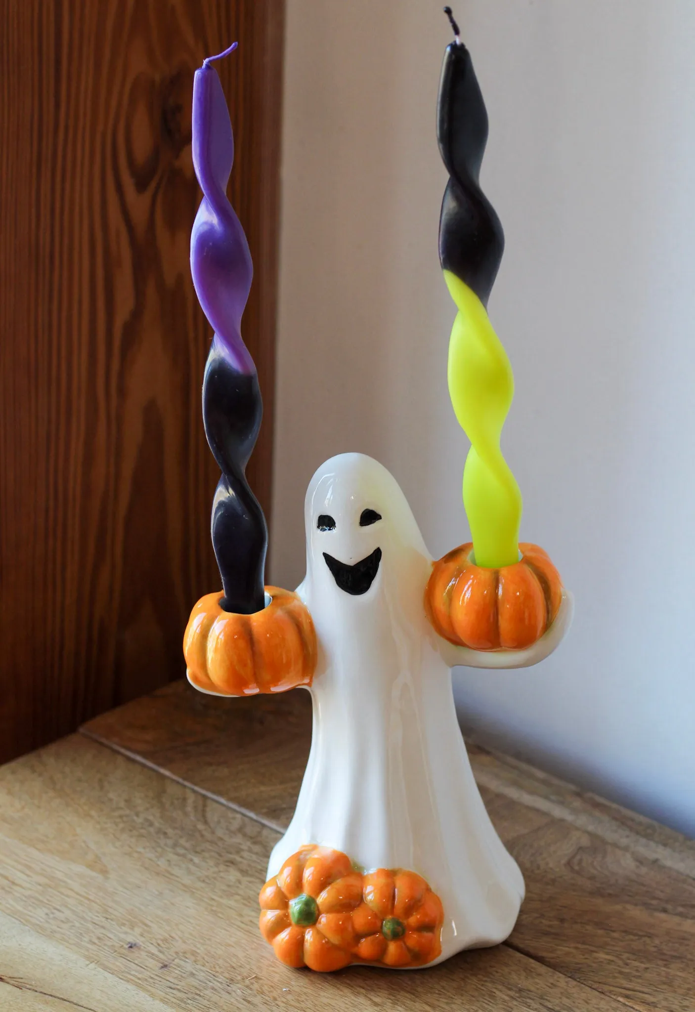 Large Ghost Holding Pumpkins Candle Holder