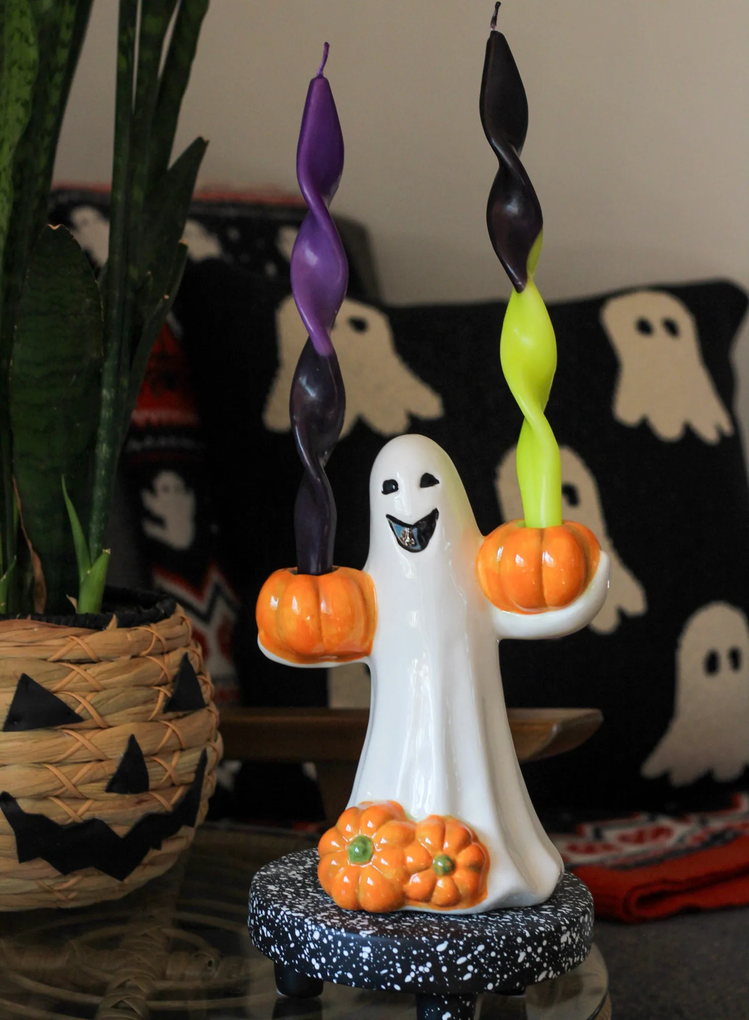 Large Ghost Holding Pumpkins Candle Holder