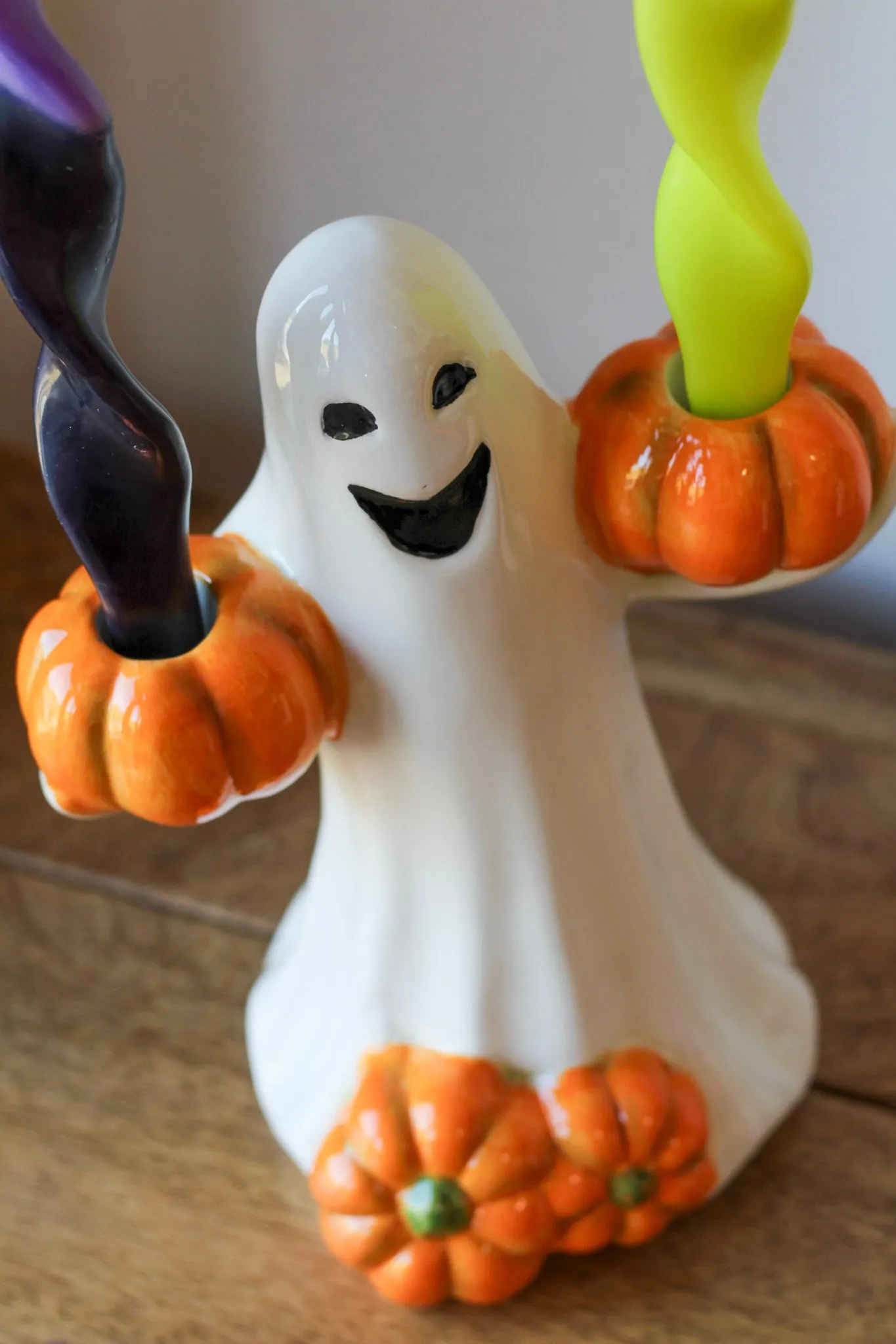 Large Ghost Holding Pumpkins Candle Holder