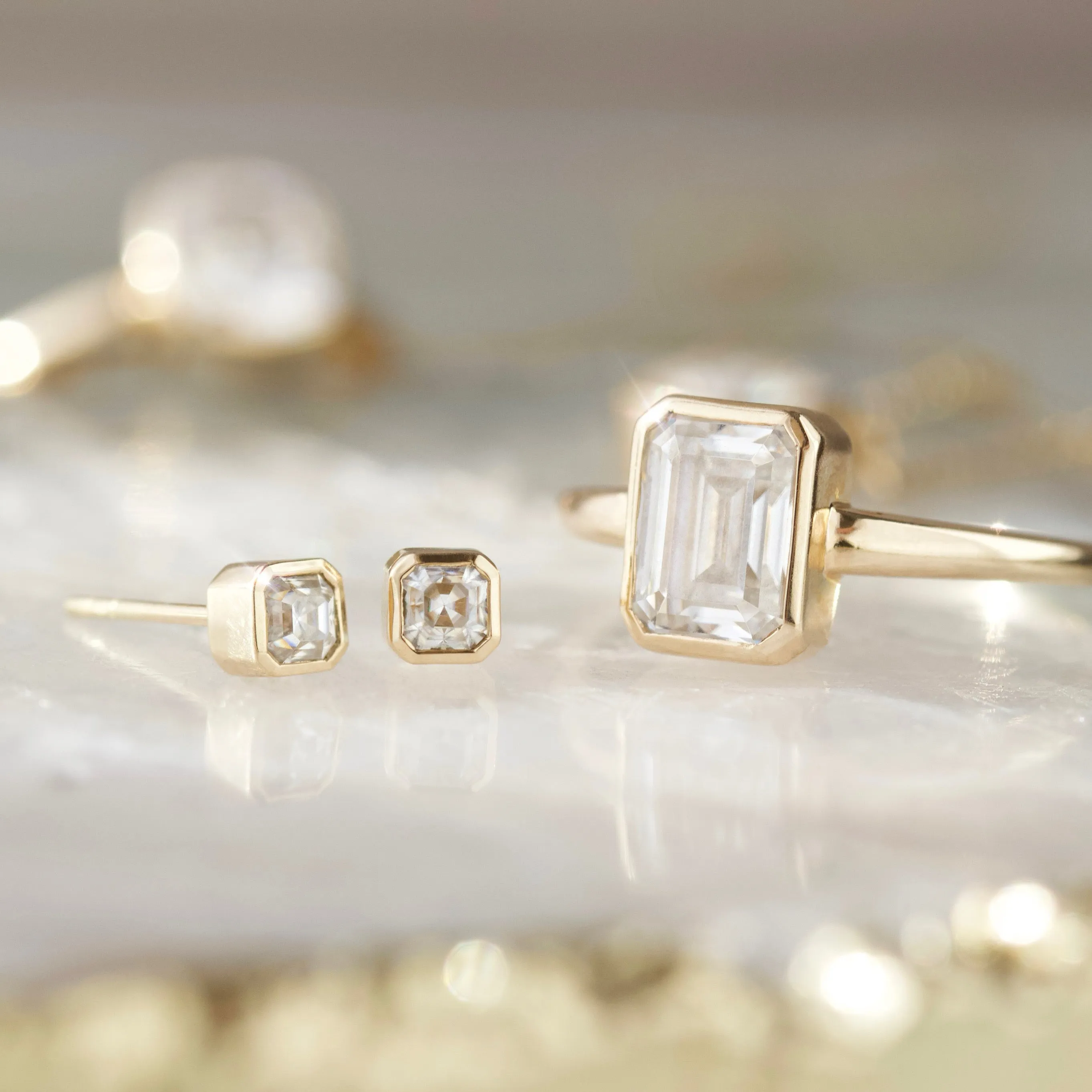 Moissanite Octagon Emerald Cut Bezel Set Ring