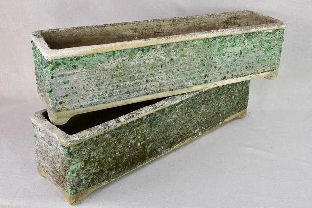 Pair of mid century cement and green glass rectangular planters 32"