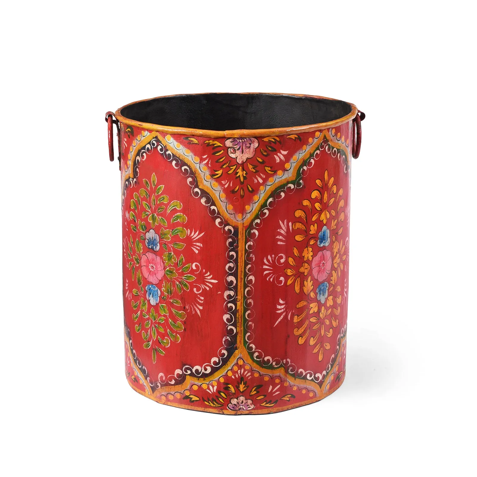 Red Floral Handpainted Metal Bin / Planter