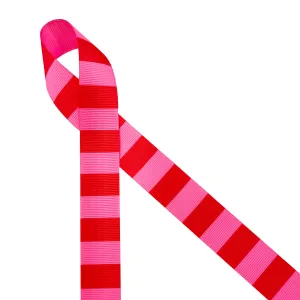 Red stripes and hot pink stripes printed on 7/8" hot pinks grosgrain ribbon,