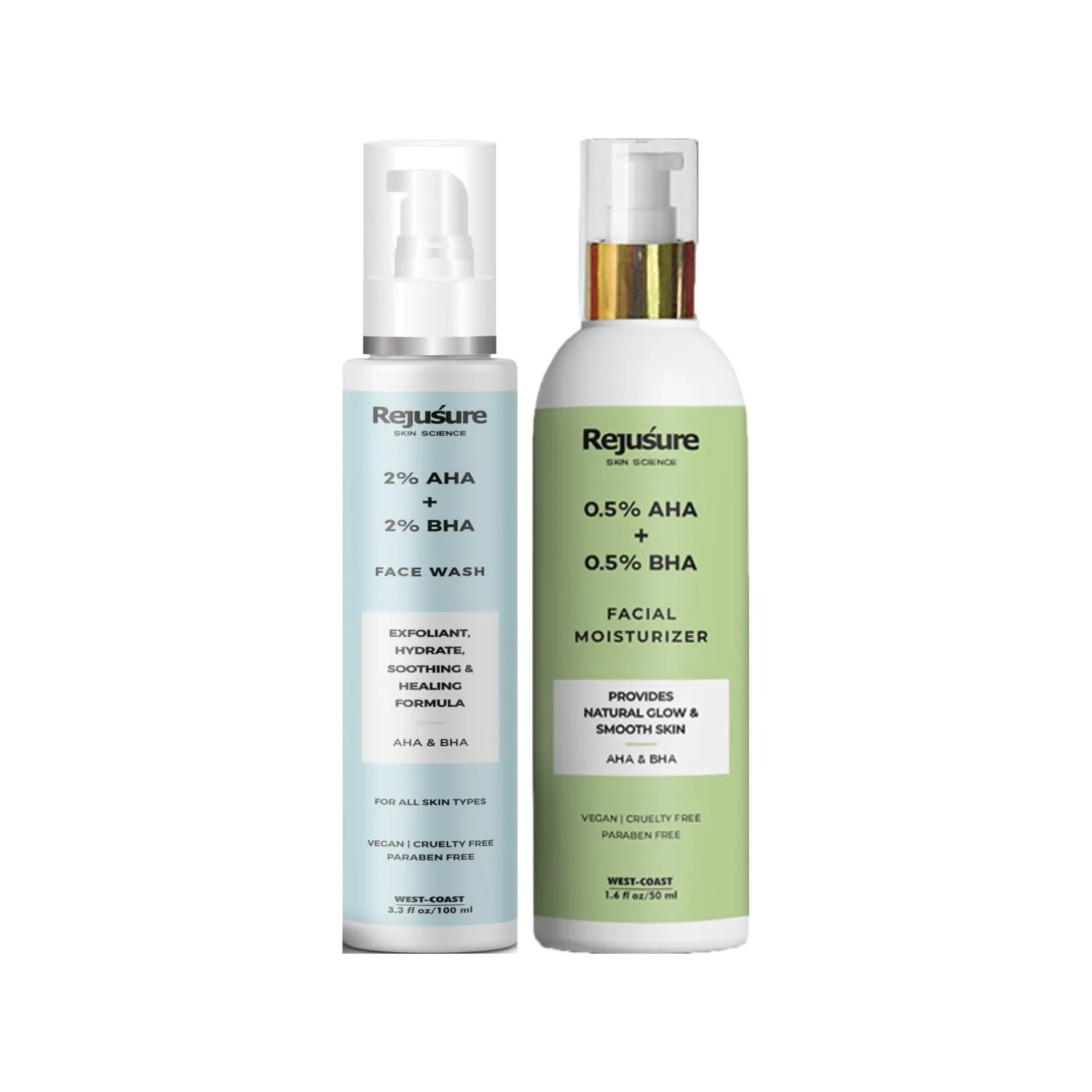 Rejusure AHA 2%   BHA 2% Face Wash (100ml) & AHA 0.5%   BHA 0.5% Facial Moisturizer (50ml) - Complete Skincare Set for Exfoliation and Hydration