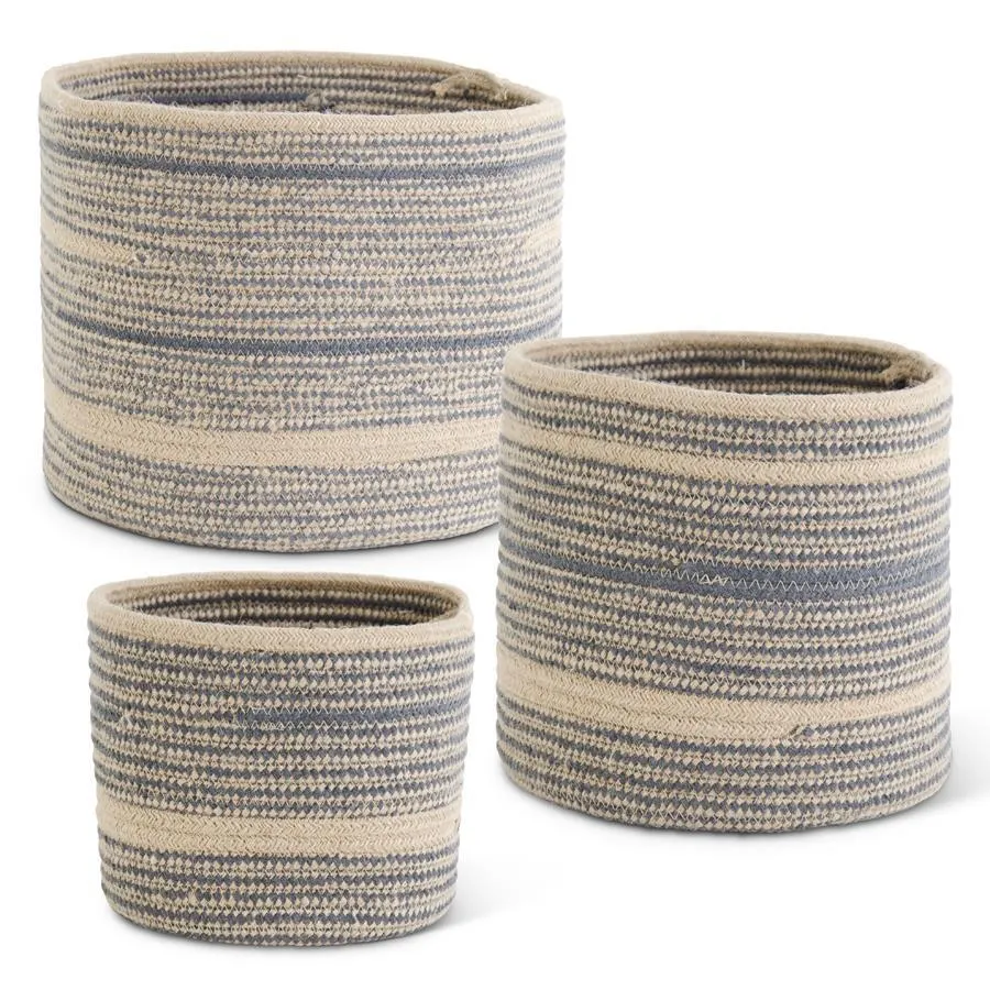 Round Blue and Tan Woven Rope Nesting Baskets