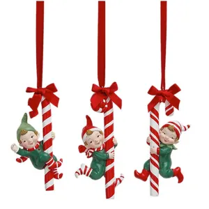 Santa & Friends Set Of 3 Assortment Elves On Candy Cane Ornaments