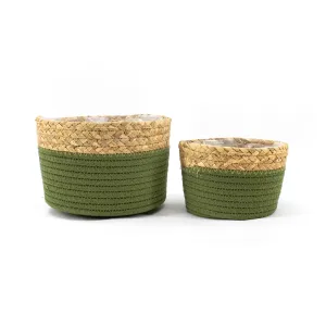 Set of 2 Green & Tan Woven Planters