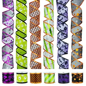 VATIN Halloween Ribbon Wired, Assorted Swirl Sheer Organza Glitter Ribbon for Halloween Crafts Gift Wrapping, Holiday Ribbons Halloween Design Decorations, (6 Roll x 6 yd) by 2.5 inch