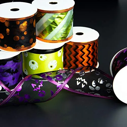 VATIN Halloween Ribbon Wired, Assorted Swirl Sheer Organza Glitter Ribbon for Halloween Crafts Gift Wrapping, Holiday Ribbons Halloween Design Decorations, (6 Roll x 6 yd) by 2.5 inch