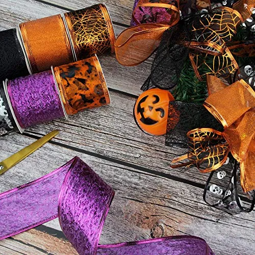 VATIN Wired Halloween Ribbon, Assorted Swirl Sheer Organza Glitter Crafts Gift Wrapping Holiday Ribbons Halloween Design Decorations, 36 Yards (6 Roll x 6 yd) by 2-1/2 inch