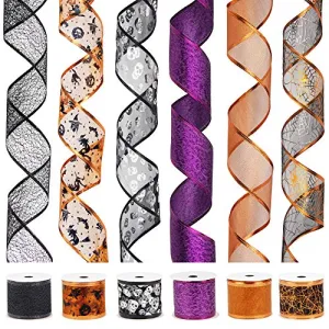 VATIN Wired Halloween Ribbon, Assorted Swirl Sheer Organza Glitter Crafts Gift Wrapping Holiday Ribbons Halloween Design Decorations, 36 Yards (6 Roll x 6 yd) by 2-1/2 inch