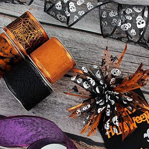 VATIN Wired Halloween Ribbon, Assorted Swirl Sheer Organza Glitter Crafts Gift Wrapping Holiday Ribbons Halloween Design Decorations, 36 Yards (6 Roll x 6 yd) by 2-1/2 inch