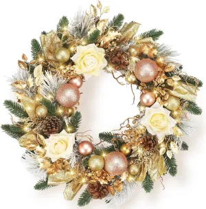 versatile Perfnique 20'' Christmas Wreath for Front Door with Lights, Outdoor Artificial Rose Wreath for Home Decor (Gold)