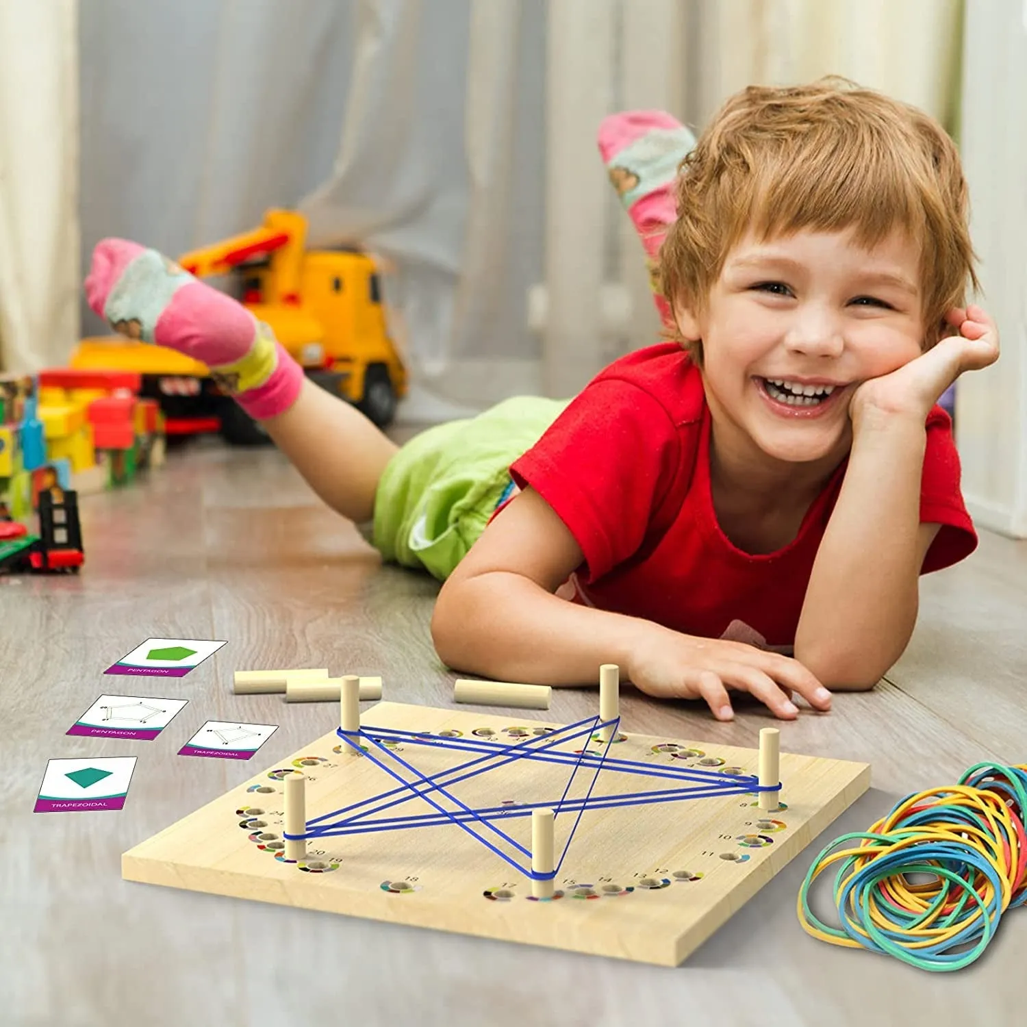 Wooden Geoboard with Othello Board Game - Educational Montessori Toys Wooden Geoboards with Rubber Bands and Pattern Cards, Math Manipulative Material STEM Puzzle Brain Teaser Gift for Kid